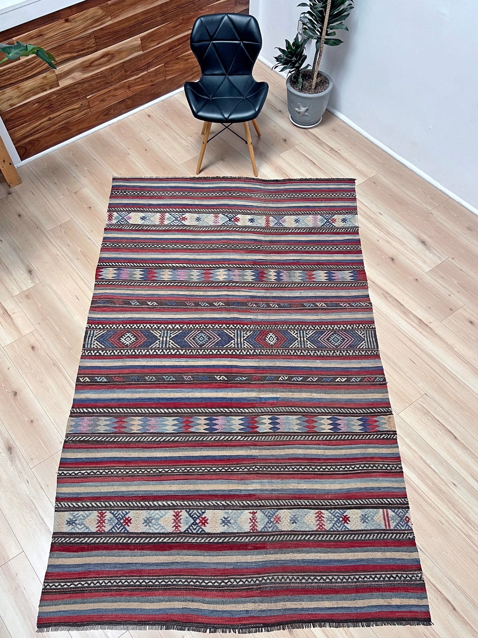 Blue striped vintage turkish kilim rug shop san francisco bay area. Handmade wool flatweave carpet rug