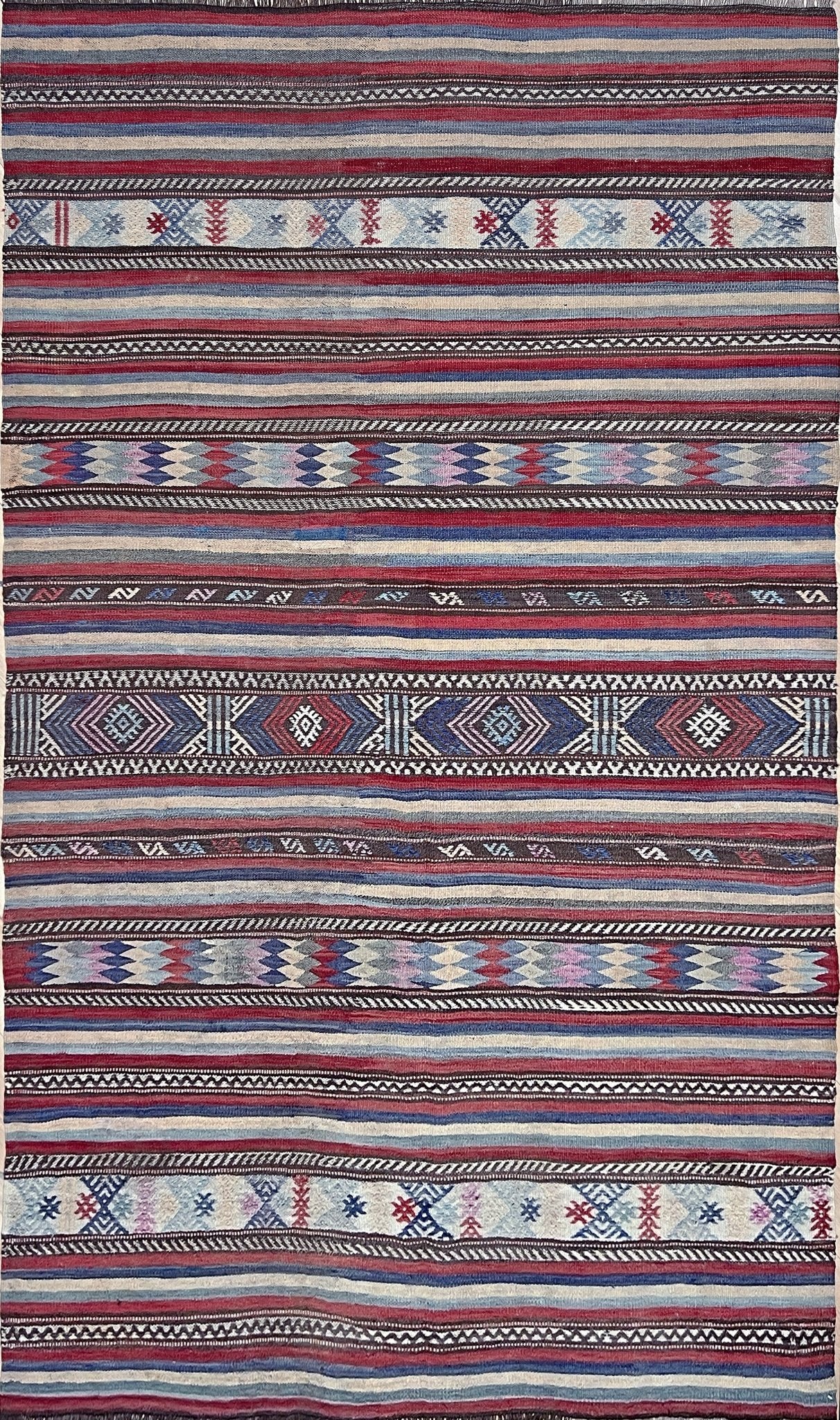 Blue striped vintage turkish kilim rug shop san francisco bay area. Handmade wool flatweave carpet rug