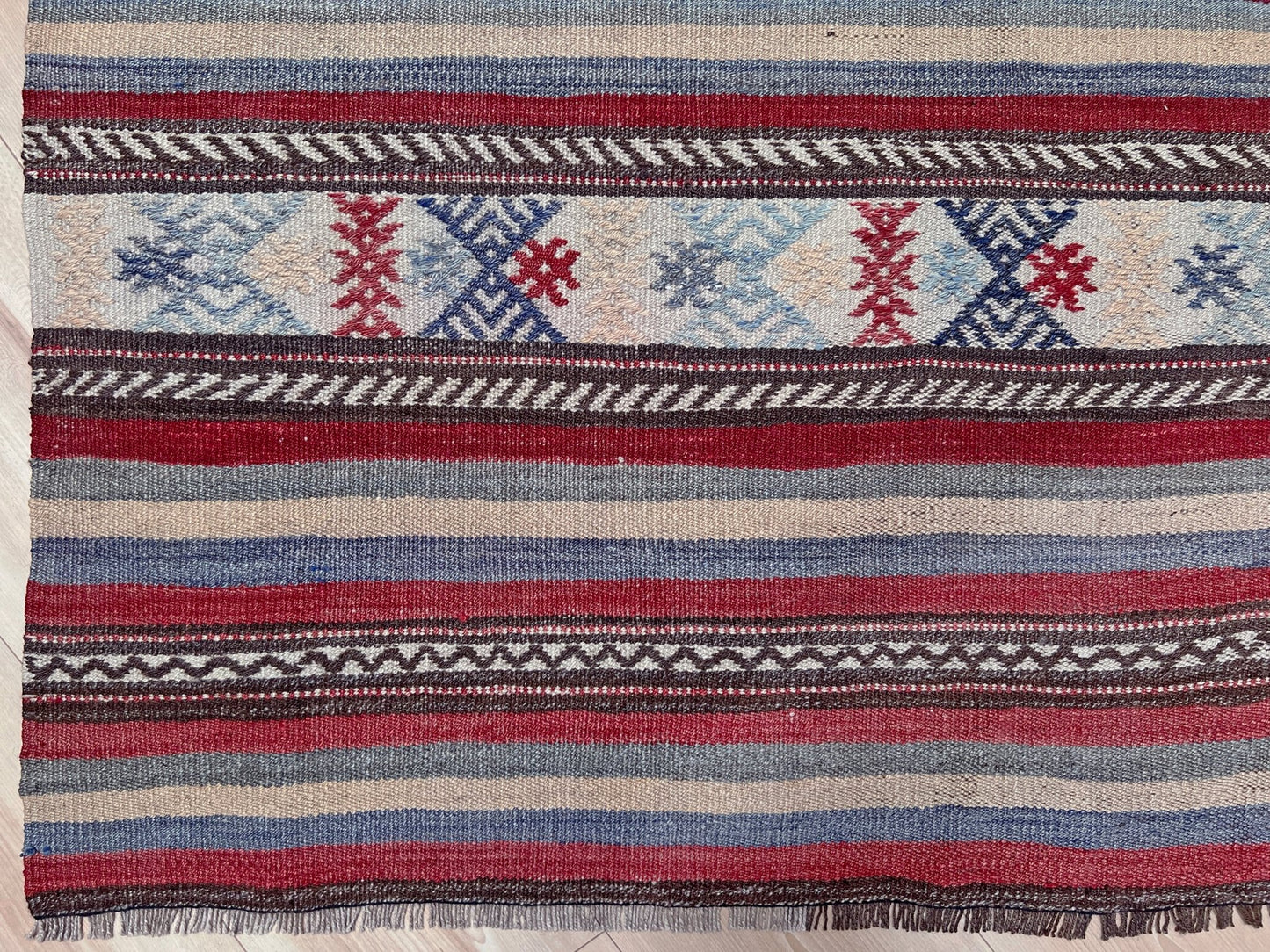 Blue striped vintage turkish kilim rug shop san francisco bay area. Handmade wool flatweave carpet rug