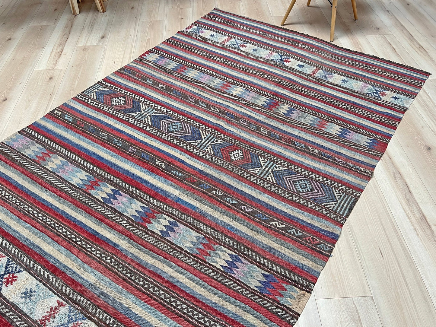 Blue striped vintage turkish kilim rug shop san francisco bay area. Handmade wool flatweave carpet rug