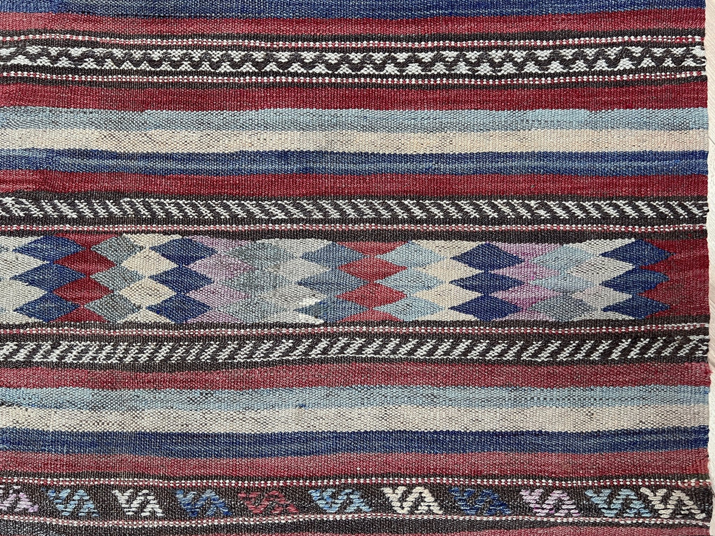 Blue striped vintage turkish kilim rug shop san francisco bay area. Handmade wool flatweave carpet rug