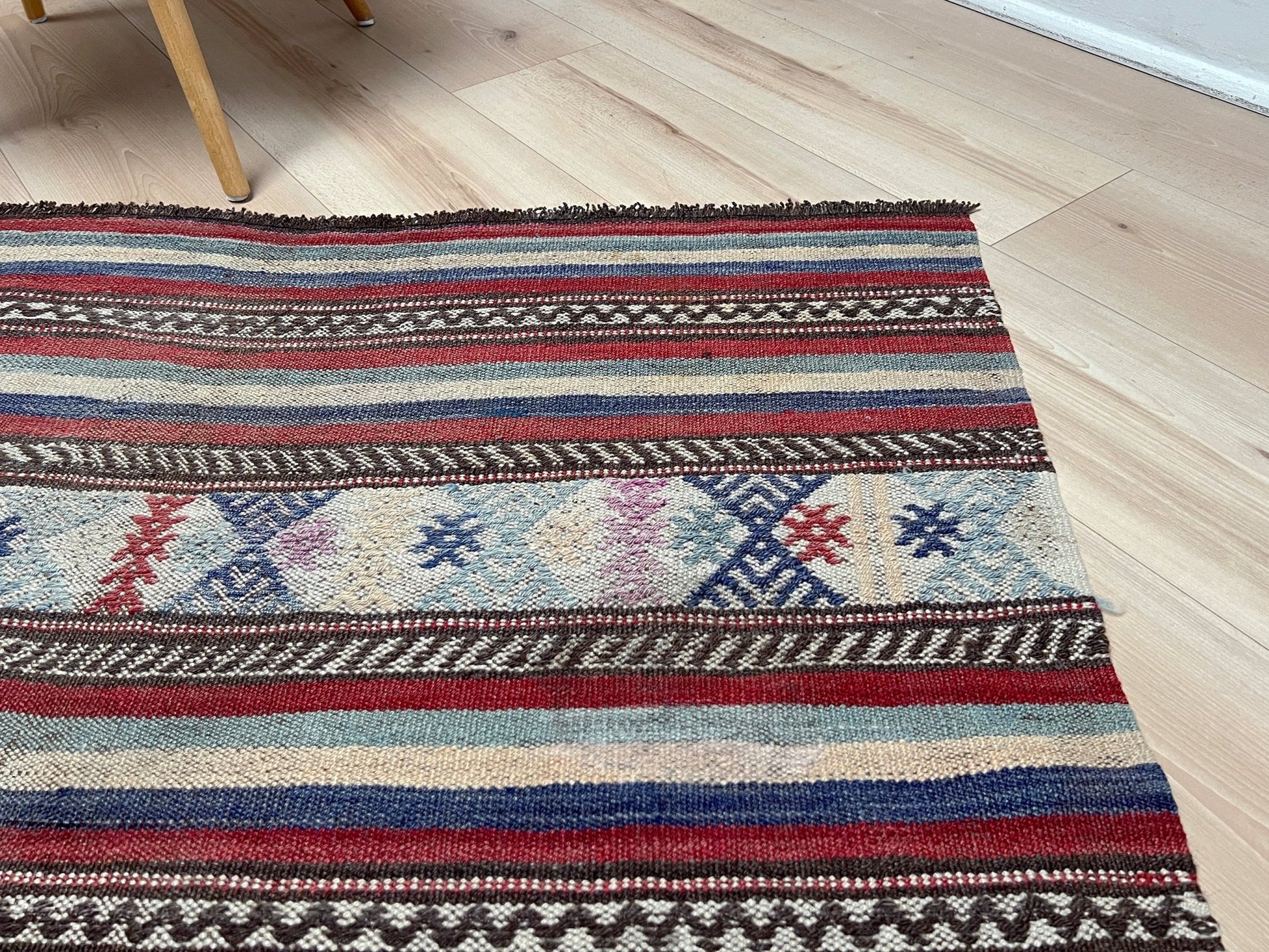 Blue striped vintage turkish kilim rug shop san francisco bay area. Handmade wool flatweave carpet rug