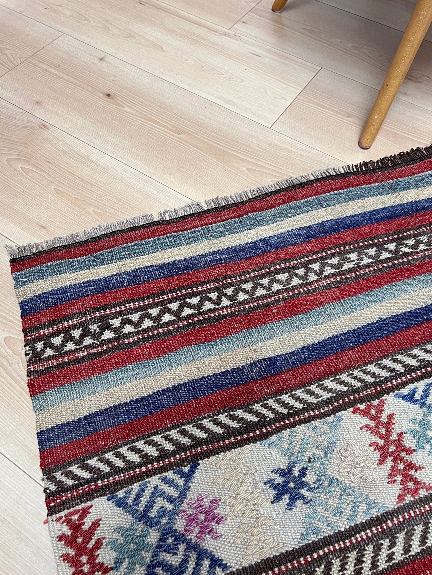 Blue striped vintage turkish kilim rug shop san francisco bay area. Handmade wool flatweave carpet rug