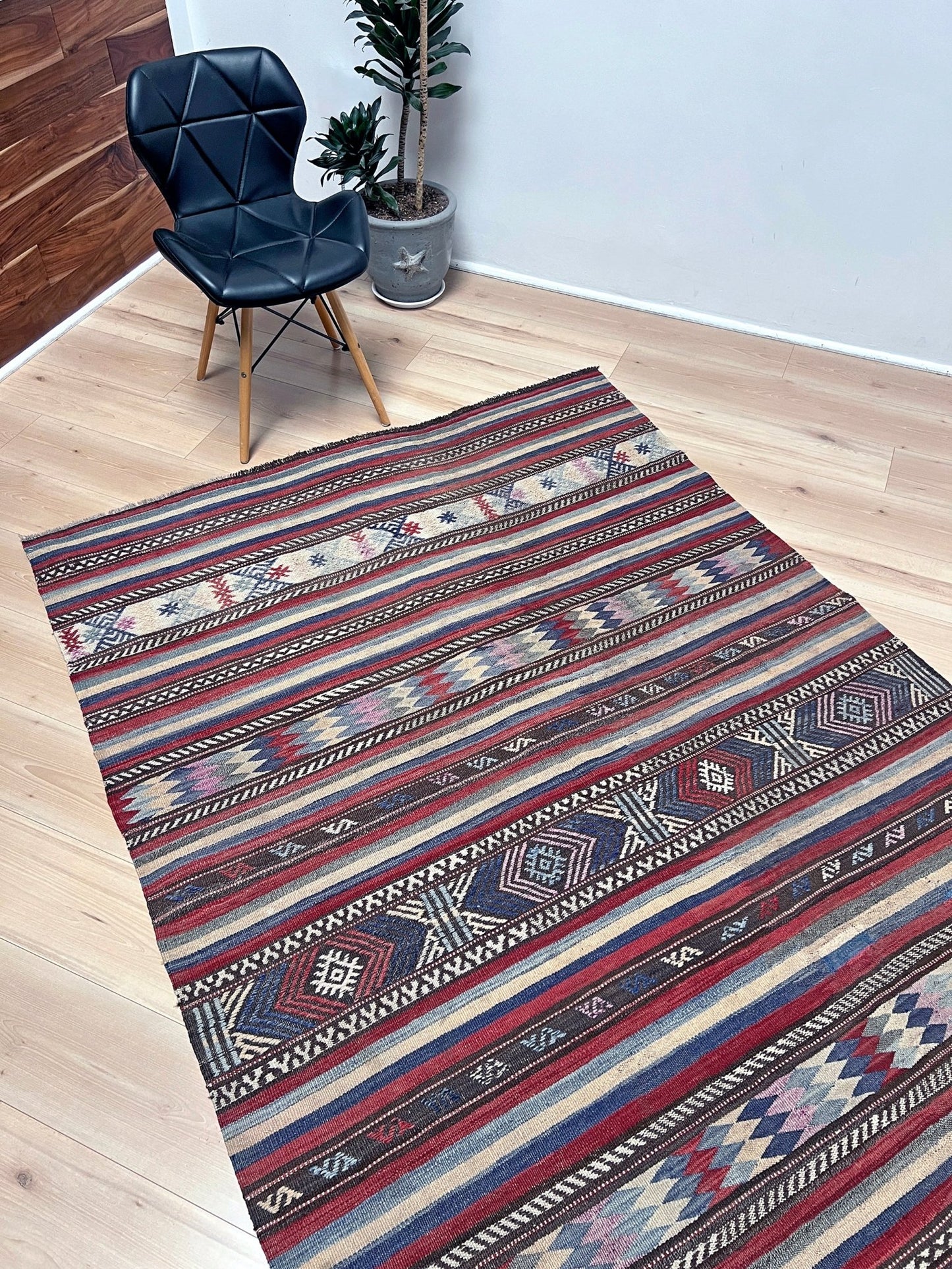 Blue striped vintage turkish kilim rug shop san francisco bay area. Handmade wool flatweave carpet rug