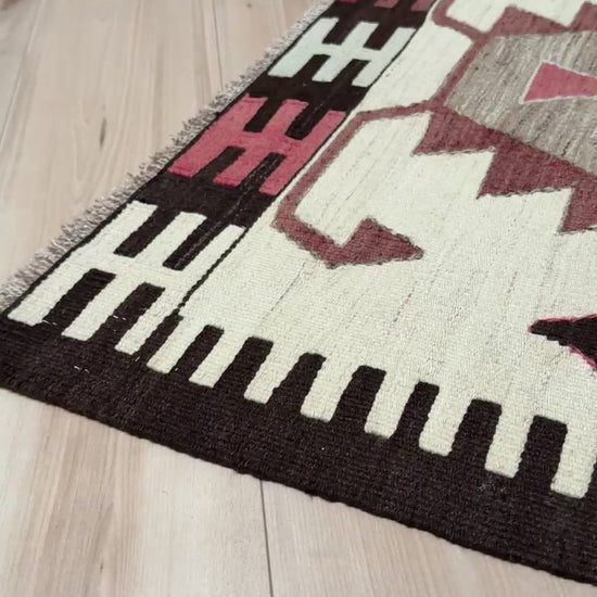 Vintage Mut Turkish kilim 3x5 with tribal medallions in warm ivory, terracotta rose, taupe-grey. Handmade Turkish flatweave, sold by Indigo Rugs in Burlingame / San Francisco Bay Area. Free Shipping