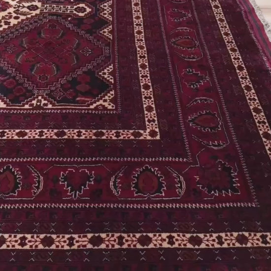 Handmade Turkmen rug with peacock design in red, ivory, and indigo tones, made of velvet-soft Merino wool – available at the best rug shop in SF Bay Area with free shipping.