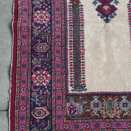 3x5 Turkish Kayseri scatter rug with prayer design, featuring a white ground, tulip pink and and a candle motif in the niche. Colors include baby blue, teal, and brown. Handmade from top-quality handspun Turkish wool, vibrant. Available at the best prices in the San Francisco Bay Area at Indigo Rugs, specializing in all handmade rugs.