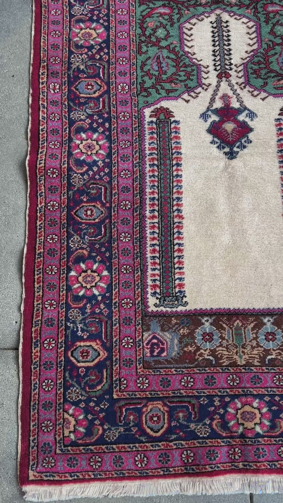 3x5 Turkish Kayseri scatter rug with prayer design, featuring a white ground, tulip pink and and a candle motif in the niche. Colors include baby blue, teal, and brown. Handmade from top-quality handspun Turkish wool, vibrant. Available at the best prices in the San Francisco Bay Area at Indigo Rugs, specializing in all handmade rugs.