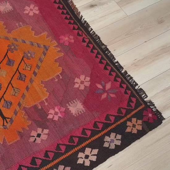 Vintage Kars Turkish kilim rug in dusty pink, warm apricot orange, handwoven from Anatolian wool 5x10. 