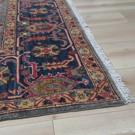 Blue gray Bijar Turkish rug with deep navy border, floral geometric motifs, handmade wool 7x10 from Indigo Rugs Burlingame CA Bay Area