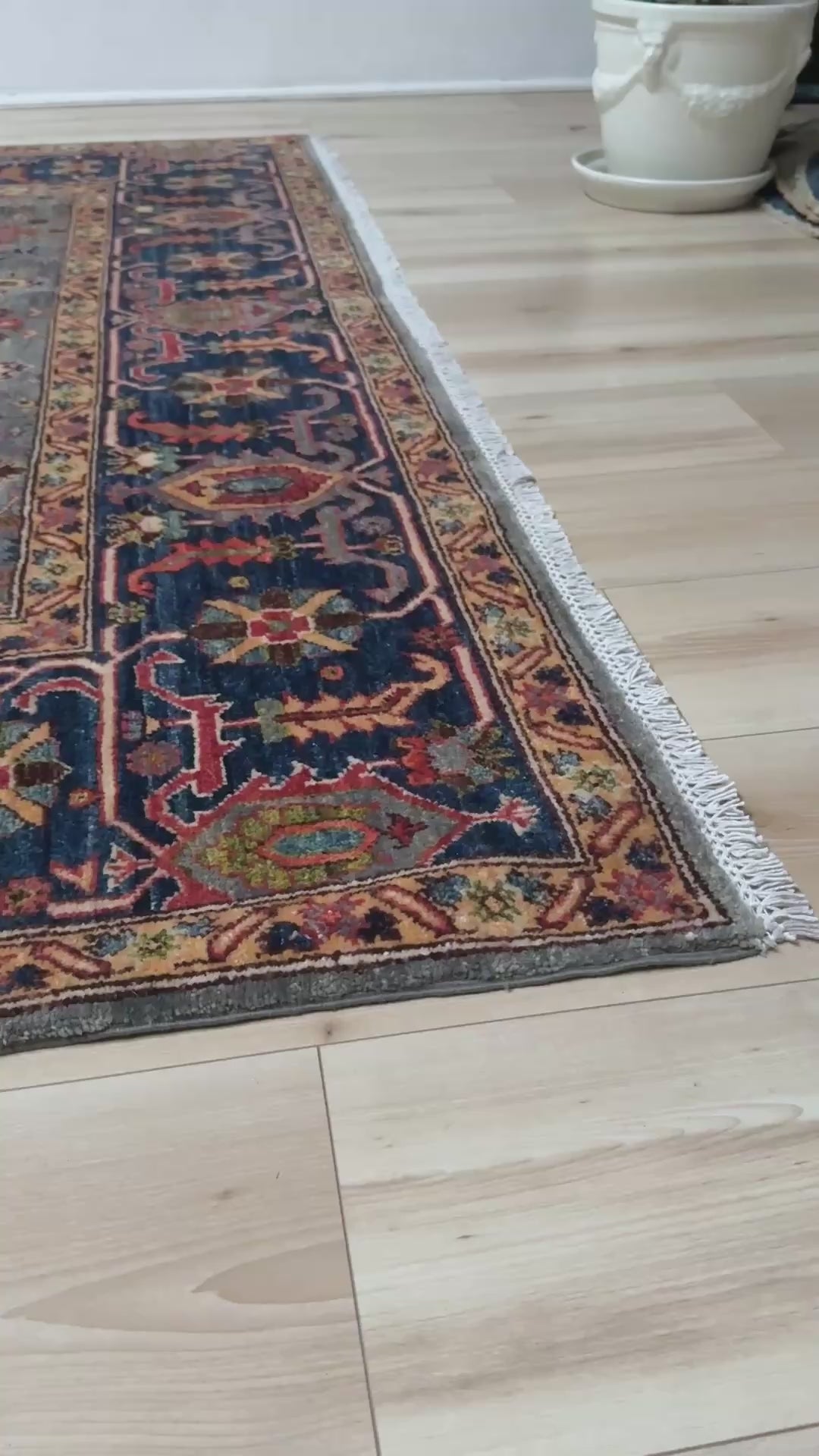 Blue gray Bijar Turkish rug with deep navy border, floral geometric motifs, handmade wool 7x10 from Indigo Rugs Burlingame CA Bay Area