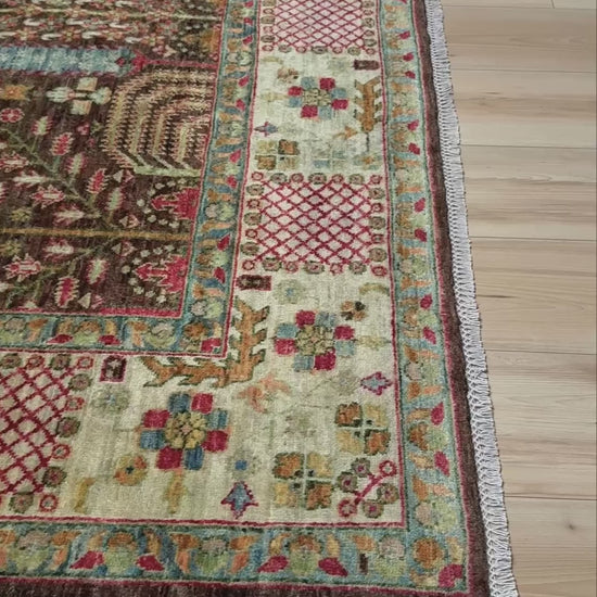 Handmade Persian Tree of Life rug, almost 6x9, featuring rich espresso, rust, olive, and sky blue tones. A timeless wool piece from the best rug shop in San Mateo, SF Bay Area, with free shipping included.