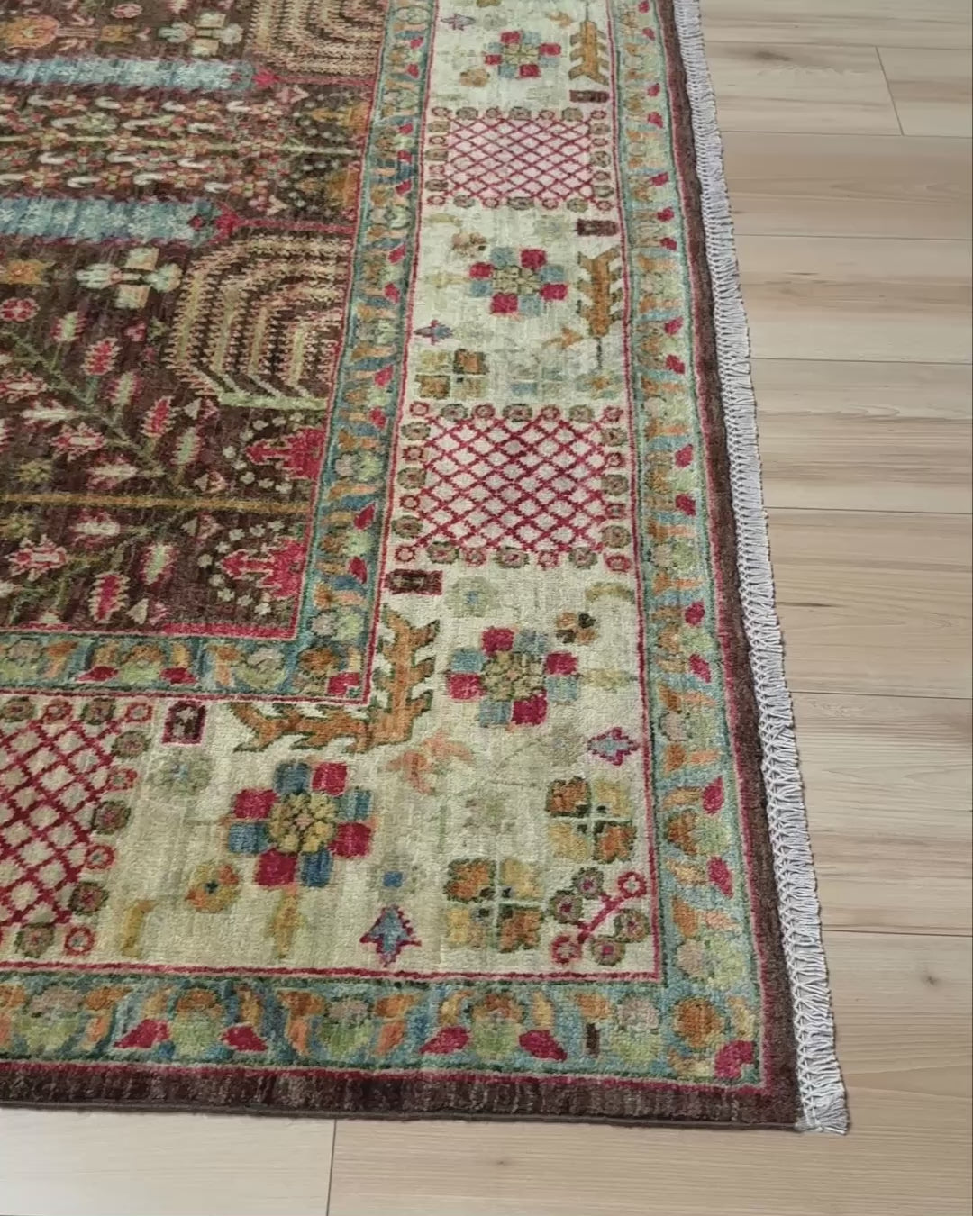 Handmade Persian Tree of Life rug, almost 6x9, featuring rich espresso, rust, olive, and sky blue tones. A timeless wool piece from the best rug shop in San Mateo, SF Bay Area, with free shipping included.