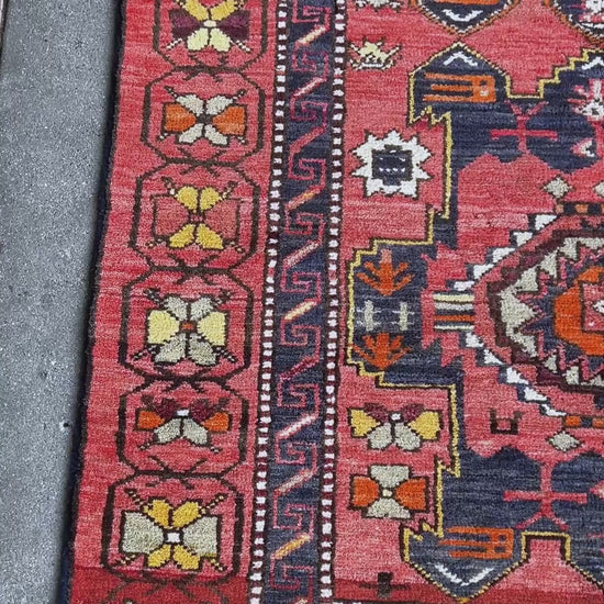 Vintage Derbend Caucasian runner rug 3x7 with terracotta field, navy medallions, camel and ivory accents, and tribal village motifs — free shipping from the best rug shop in the San Francisco Bay Area, Burlingame CA.