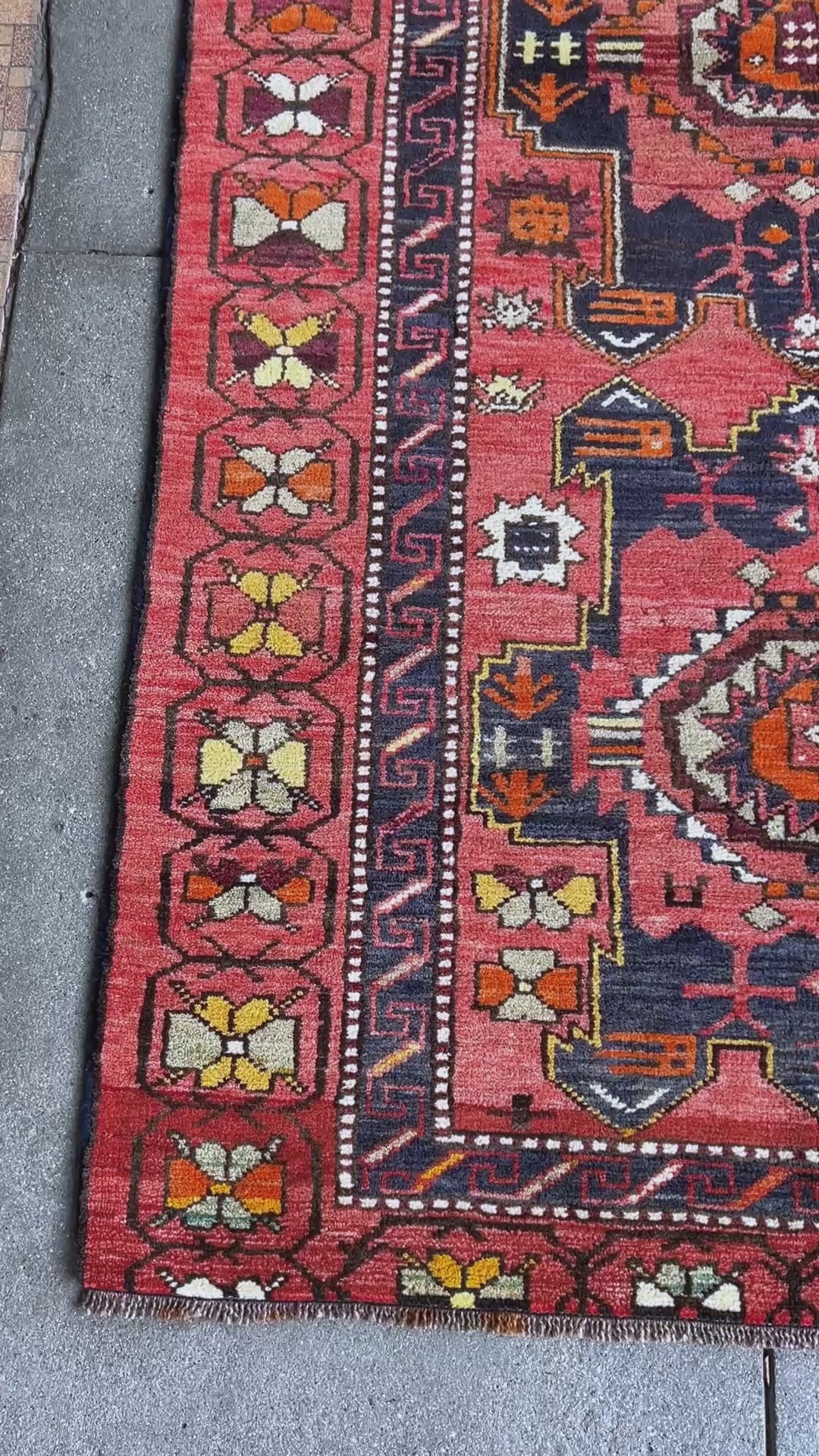 Vintage Derbend Caucasian runner rug 3x7 with terracotta field, navy medallions, camel and ivory accents, and tribal village motifs — free shipping from the best rug shop in the San Francisco Bay Area, Burlingame CA.
