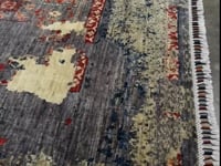 Transitional erased modern Mamluk design rug in 9x12 size with crimson medallion, silvery gray background, and ivory accents — perfect for living rooms, dining rooms, or bedrooms. Handmade wool rug from Indigo Rugs, Burlingame SF Bay Area with free shipping.