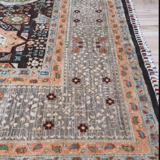 10x14 Charcoal and peach Sultanate Mamluk rug with large central medallion, geometric floral motifs, handmade Turkish wool from Indigo Rugs Burlingame, SF Bay Area.