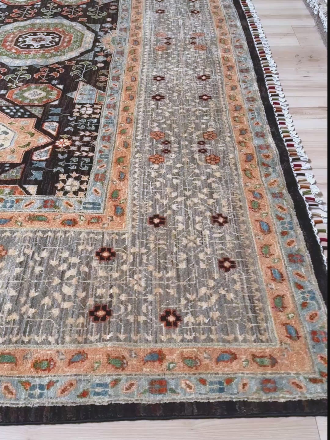 10x14 Charcoal and peach Sultanate Mamluk rug with large central medallion, geometric floral motifs, handmade Turkish wool from Indigo Rugs Burlingame, SF Bay Area.