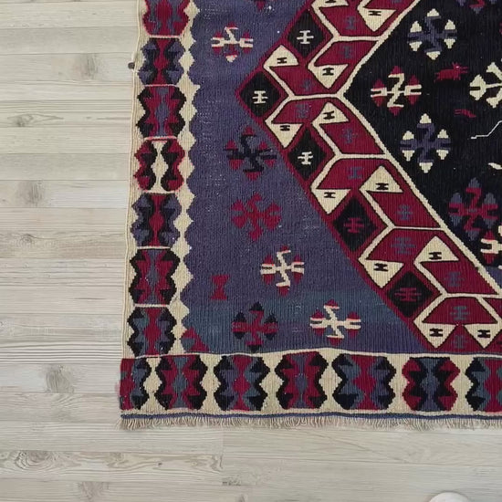 Violet blue Vintage Eastern Turkish kilim runner, 4x8, with bold geometric medallions in garnet red, ivory, navy, and black on a deep blue ground.