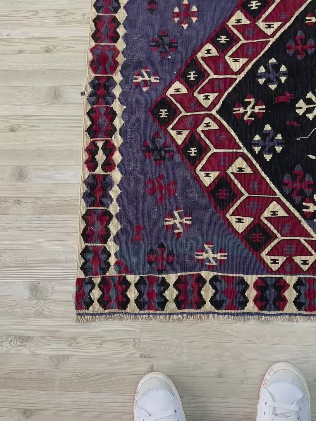 Violet blue Vintage Eastern Turkish kilim runner, 4x8, with bold geometric medallions in garnet red, ivory, navy, and black on a deep blue ground.