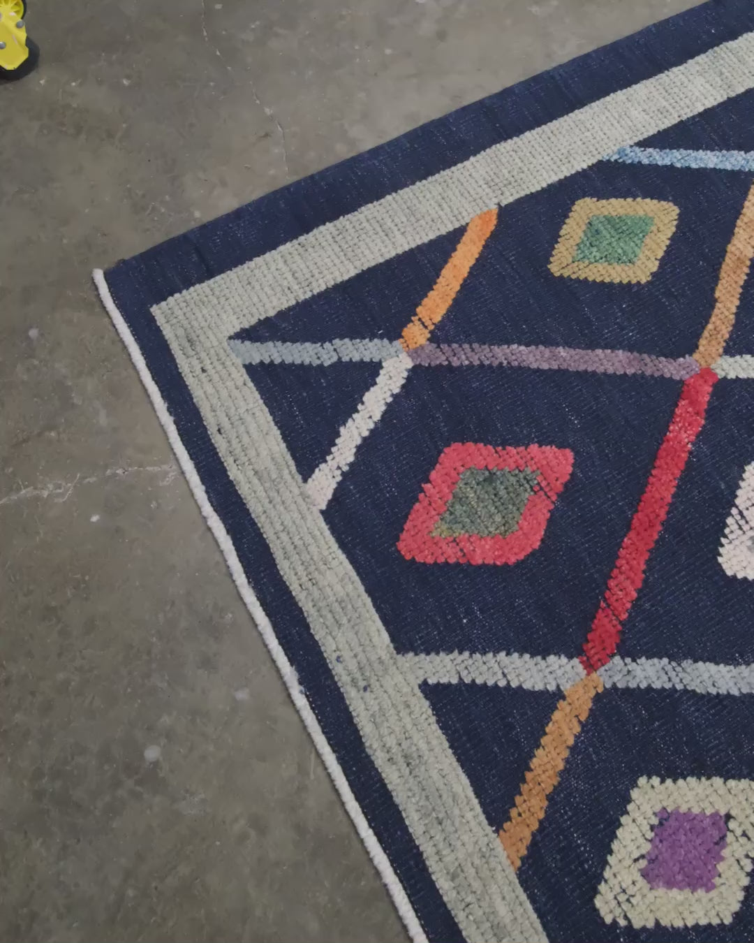 Modern Vibrant Turkish Tulu handmade wool a geometric patterned area rug 9x12 from Indigo Rugs Burlingame Bay Area.