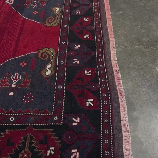 Antique kiz bergama turkish rug 6x8 deep madder red field indigo clue medallion anatolian village rug 1920s indigo rugs san francisco bay area