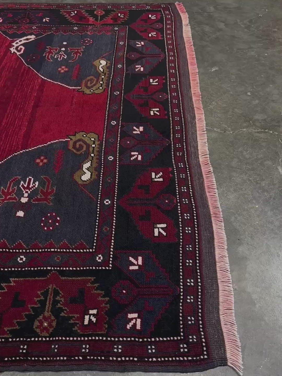 Antique kiz bergama turkish rug 6x8 deep madder red field indigo clue medallion anatolian village rug 1920s indigo rugs san francisco bay area