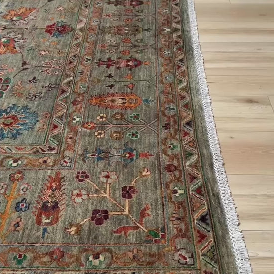 Handmade 8x10 Turkish Ziegler rug in sage green with floral design, perfect for living room, bedroom, kitchen, or dining room; ideal for neutral or floral decor styles. Available from the best rug shop in Burlingame, SF Bay Area with free shipping.