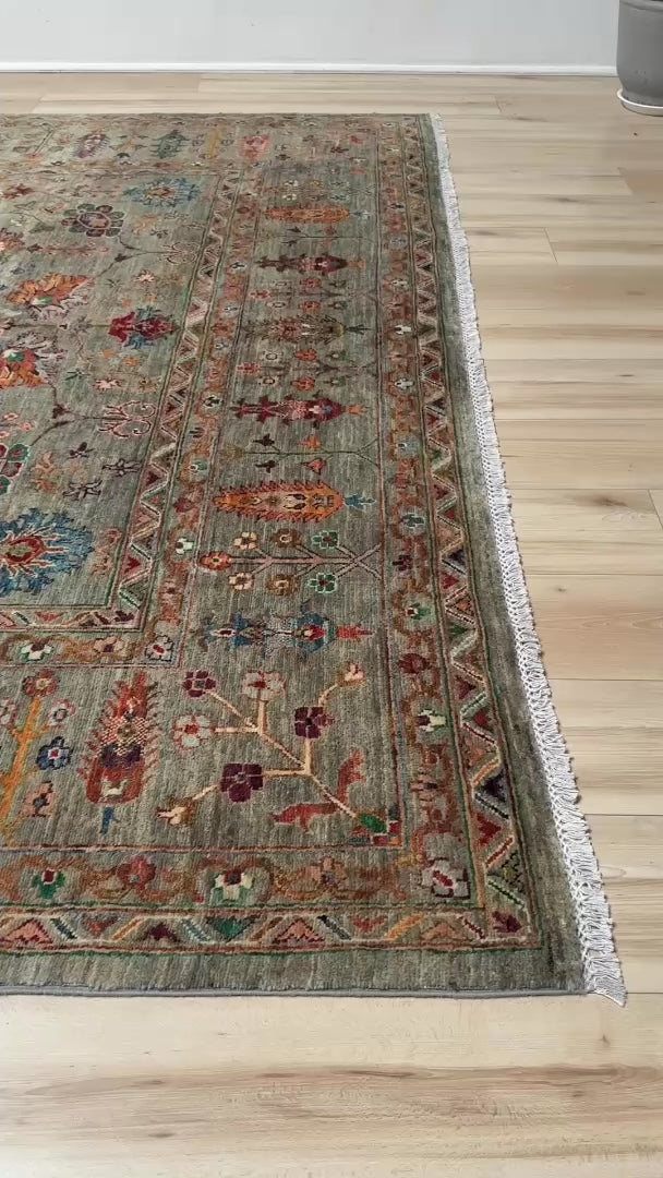 Handmade 8x10 Turkish Ziegler rug in sage green with floral design, perfect for living room, bedroom, kitchen, or dining room; ideal for neutral or floral decor styles. Available from the best rug shop in Burlingame, SF Bay Area with free shipping.