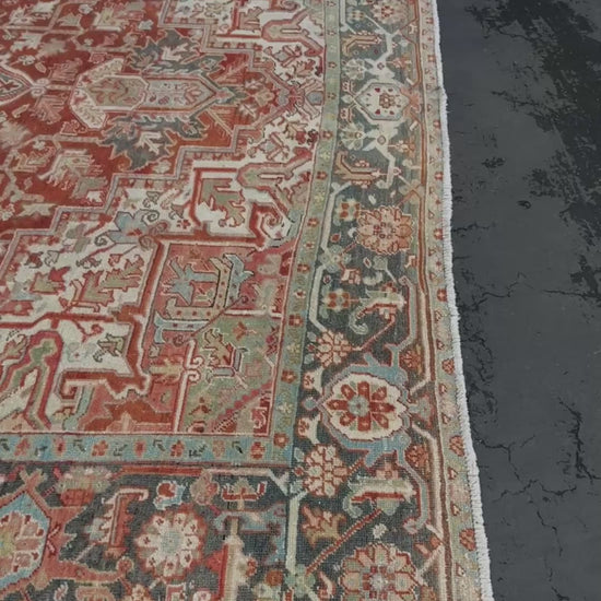 Rust Red Vintage Persian Serapi Heriz area rug. 8x11 Geometric medallion, low pile wool handmade rug ideal for living rooms, bedrooms, dining rooms. from Indigo Rugs, Burlingame — the best rug shop in the San Francisco Bay Area. Free shipping.