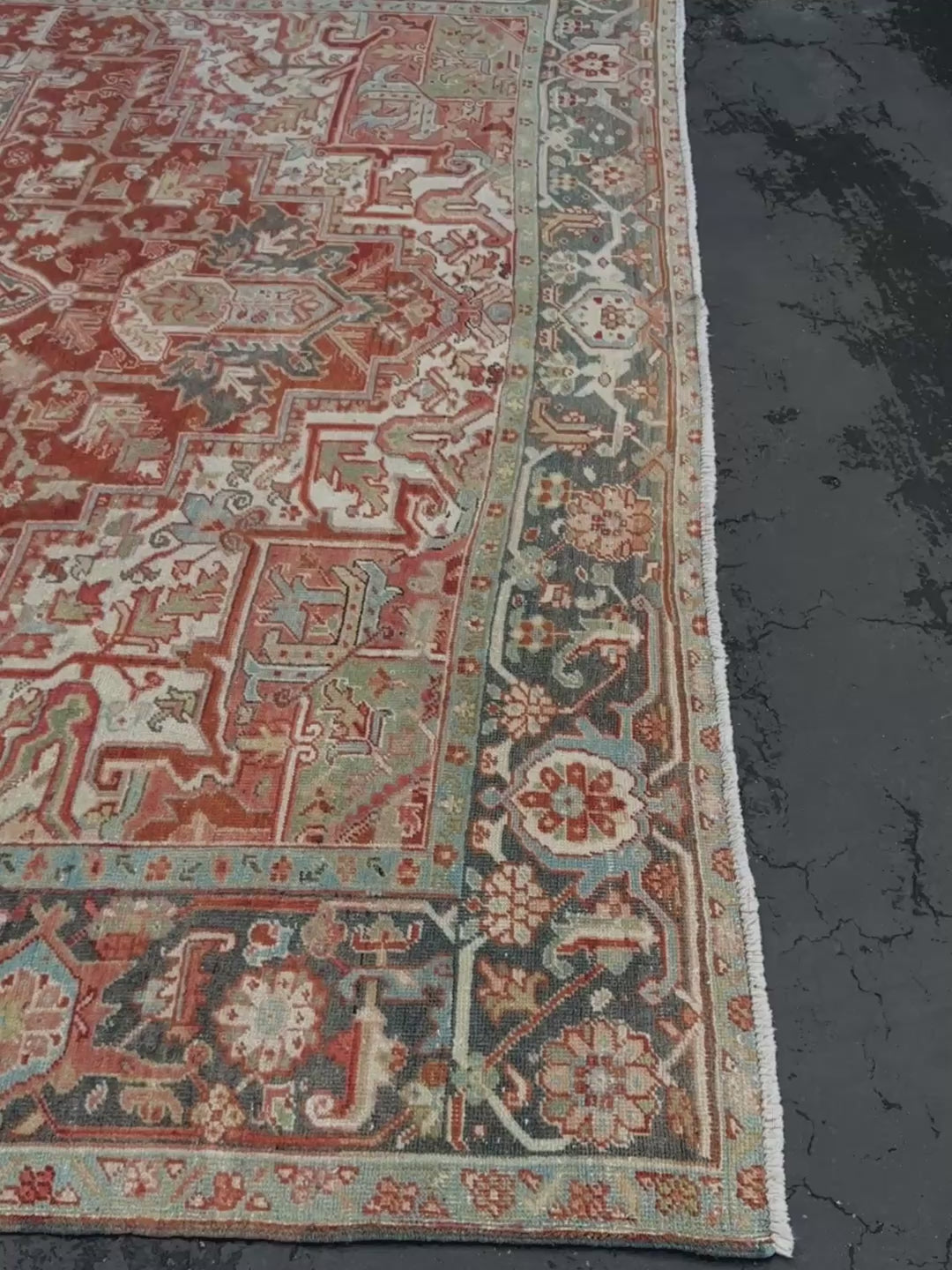 Rust Red Vintage Persian Serapi Heriz area rug. 8x11 Geometric medallion, low pile wool handmade rug ideal for living rooms, bedrooms, dining rooms. from Indigo Rugs, Burlingame — the best rug shop in the San Francisco Bay Area. Free shipping.