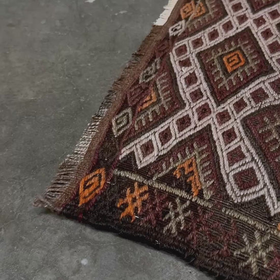 Vintage Turkish cicim embroidered mini kilim rug in earth brown with geometric diamond lattice motifs, tribal handmade flatweave wool accent rug 23x38 from Indigo Rugs Burlingame Bay Area.