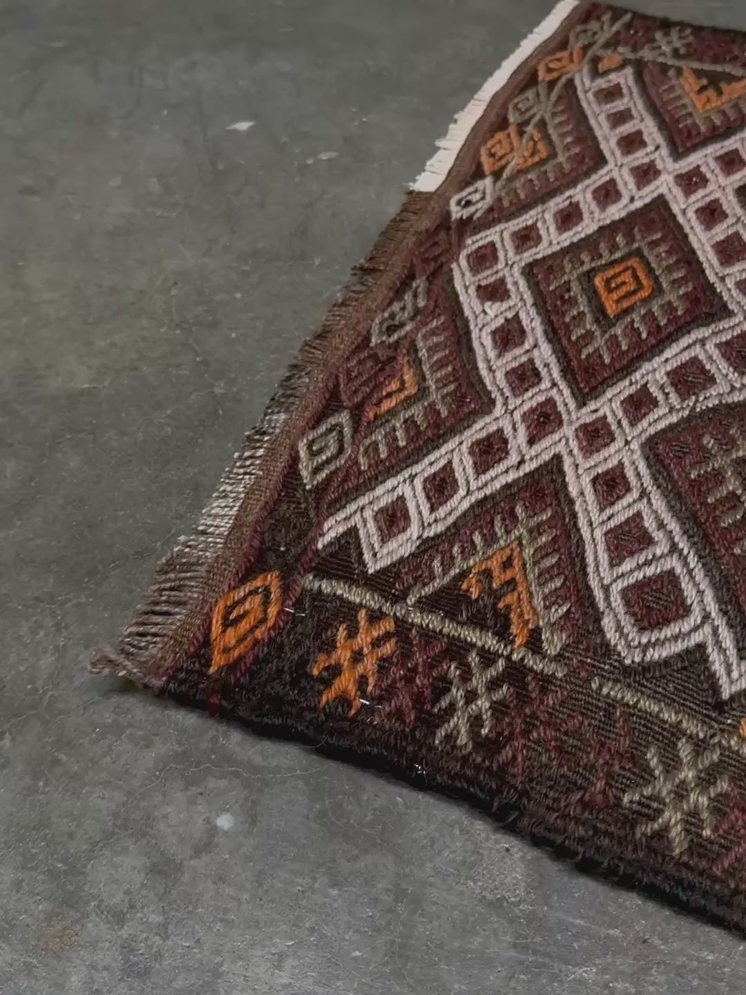 Vintage Turkish cicim embroidered mini kilim rug in earth brown with geometric diamond lattice motifs, tribal handmade flatweave wool accent rug 23x38 from Indigo Rugs Burlingame Bay Area.
