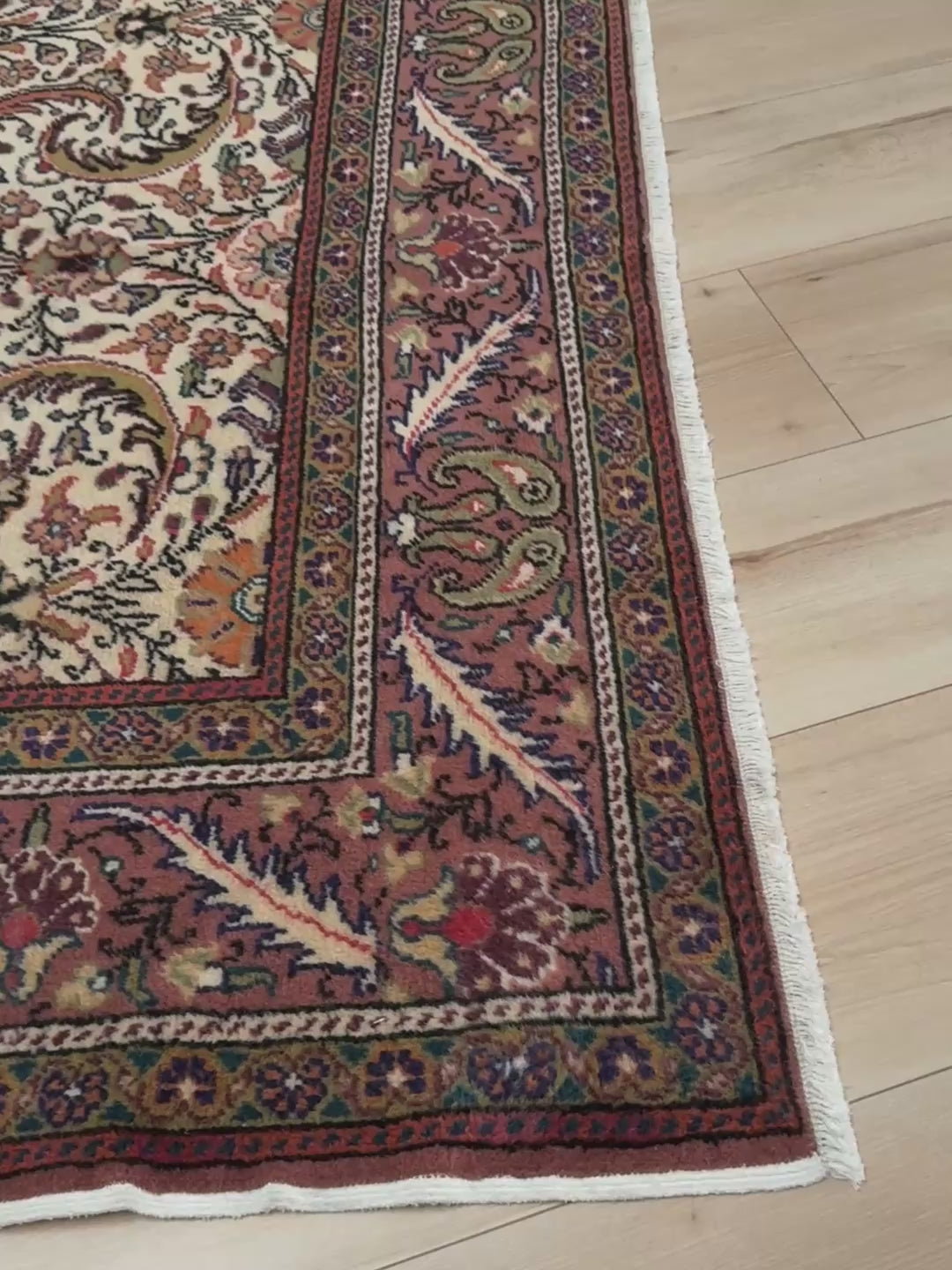 Vintage floral Kayseri handmade Turkish wool rug with an ivory field and scrolling botanical motifs in terracotta, soft rose, olive green, lavender, and ink blue. Size 5x7 ft. One-of-a-kind rug from Indigo Rugs in Burlingame, the best rug shop in the San Francisco Bay Area. Free shipping included.