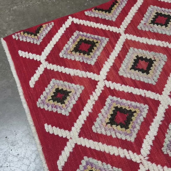 Red Turkish Tulu rug with ivory diamond lattice, raised wool texture, lavender, gray-blue, accents, 6x9 handmade moroccan style area rug from Indigo Rugs Burlingame Bay Area.