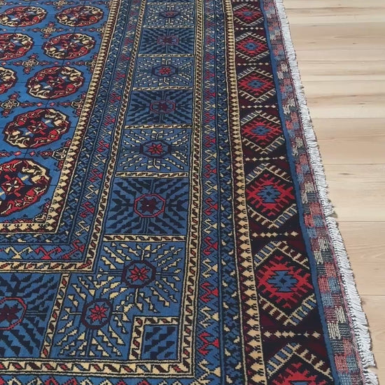 Handmade 10x14 Turkmen Bukhara rug in Royal blue with oxblood red and ivory accents, available from top-rated rug shop in Burlingame, SF Bay Area. Perfect for bedroom, living room, dining room, or study. Free shipping included.