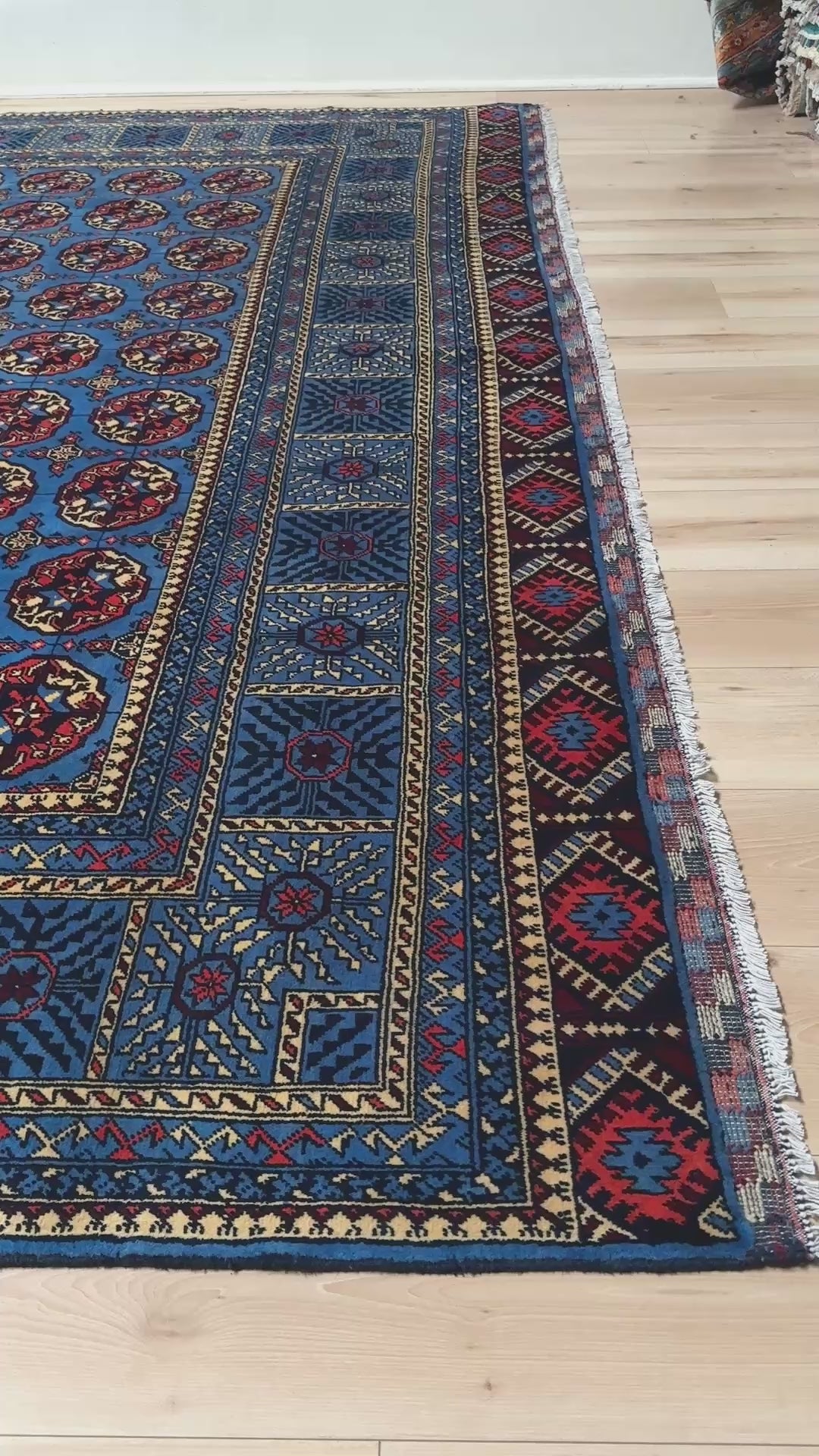 Handmade 10x14 Turkmen Bukhara rug in Royal blue with oxblood red and ivory accents, available from top-rated rug shop in Burlingame, SF Bay Area. Perfect for bedroom, living room, dining room, or study. Free shipping included.