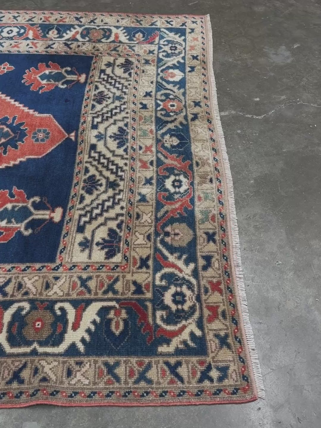 Vintage turkish taspinar rug 6x8 indigo blue, salmon red  hand knotted anatolian wool rug pastel san francisco bay area rug shop indigo rugs