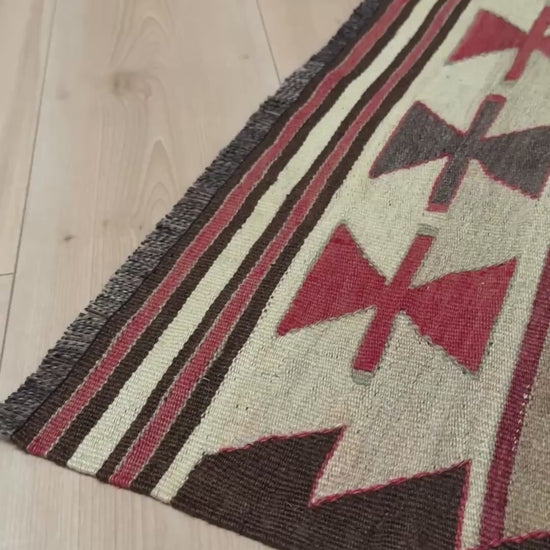 Vintage Mut kilim rug 3x4 with Navajo-style geometric medallions — handwoven reibal Turkish wool flatweave, available at Indigo Rugs, the best rug shop in San Francisco Bay Area, Burlingame CA.