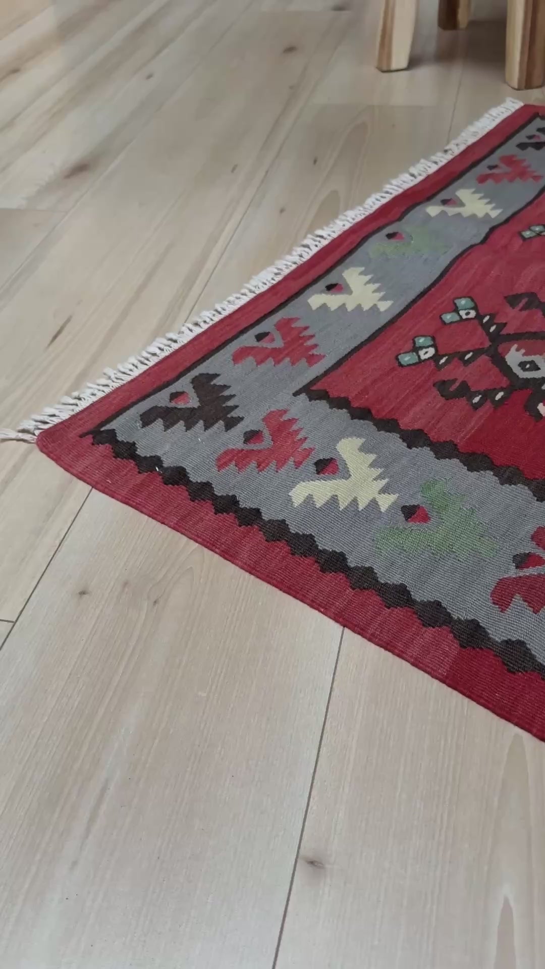 Vintage Pirot / Sarkoy 2x5  Balkan kilim runner rug with red field, gray borders, and bird motifs — handmade wool flatweave from the 1960s, available at Indigo Rugs, the best rug shop in San Francisco Bay Area, Burlingame CA