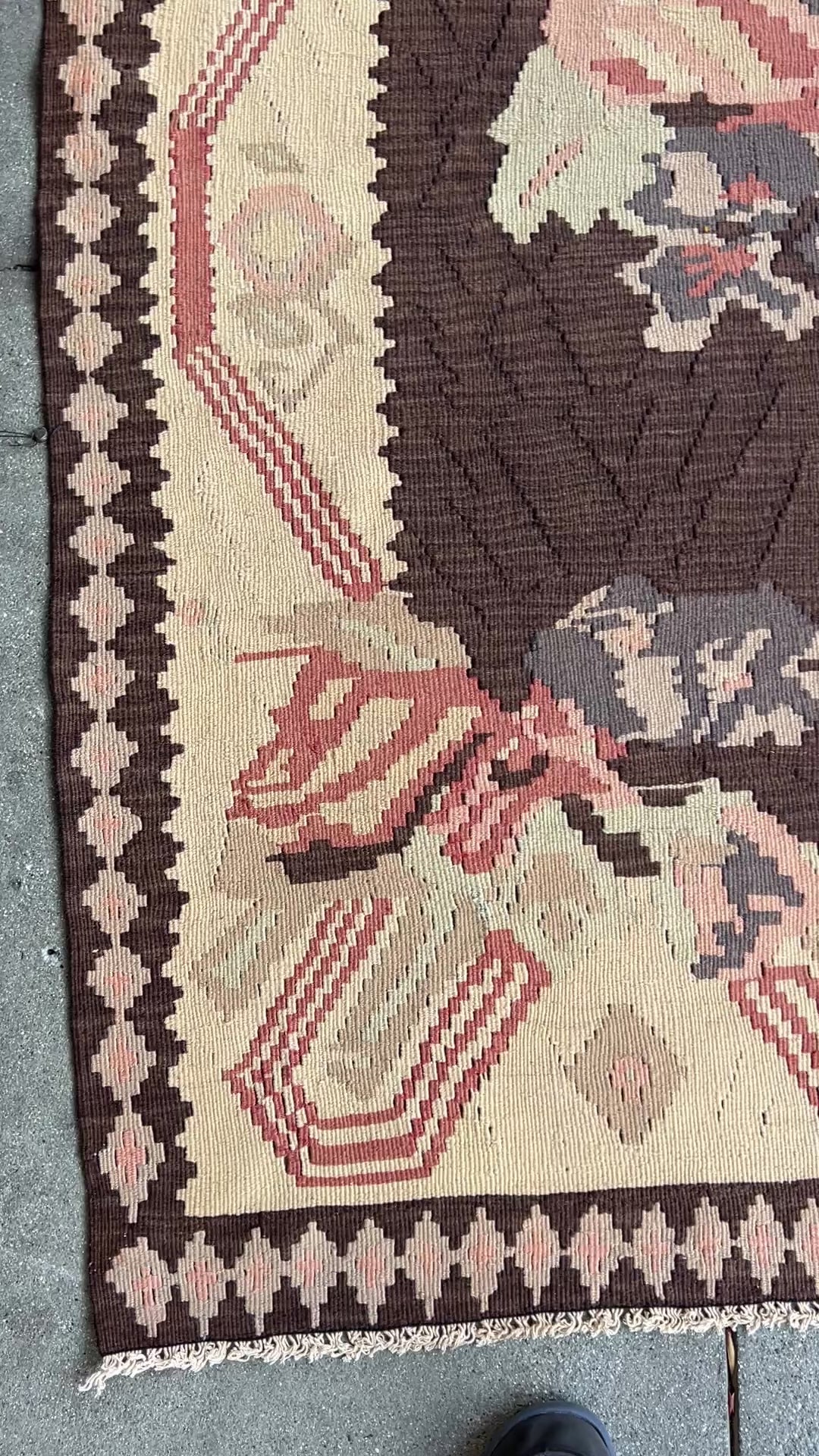 Vintage 1950s Balkan Kilim Rug from the best kilim rug shop in the San Francisco Bay Area. Handwoven with a rich chocolate brown field framed by soft ivory tones, featuring subtle blush pink and dusty blue accents. Ideal size for living room, bedroom, nursery, kitchen, or dining area. Free shipping included.