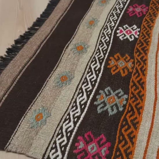 3x4 Vintage Kars Cicim kilim rug with tribal embroidered bands in espresso brown, ivory, rust orange, and fuchsia — handwoven wool flatweave on goat hair foundation from Eastern Turkey, available at Indigo Rugs, Burlingame CA.