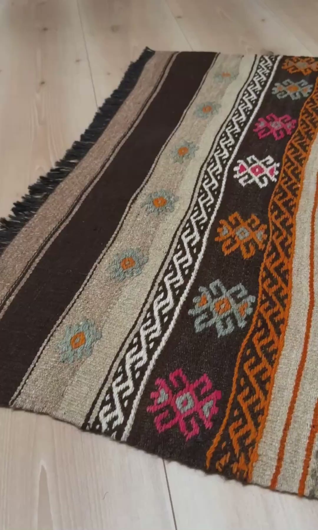 3x4 Vintage Kars Cicim kilim rug with tribal embroidered bands in espresso brown, ivory, rust orange, and fuchsia — handwoven wool flatweave on goat hair foundation from Eastern Turkey, available at Indigo Rugs, Burlingame CA.
