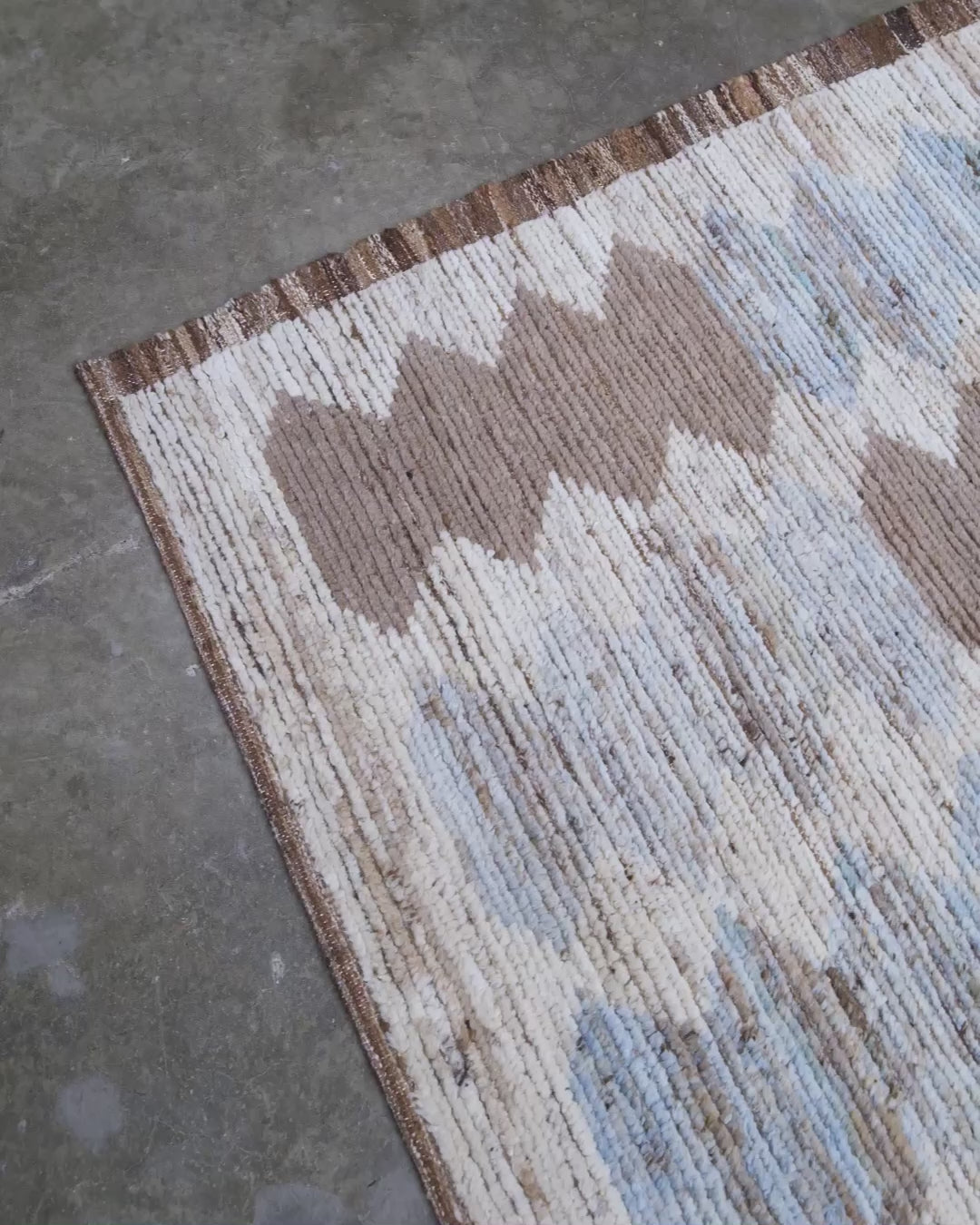Soft blue Turkish Tulu rug with ivory, taupe and beige abstract geometric pattern, handmade textured Moroccan style wool area rug 8x10 from Indigo Rugs Burlingame Bay Area.