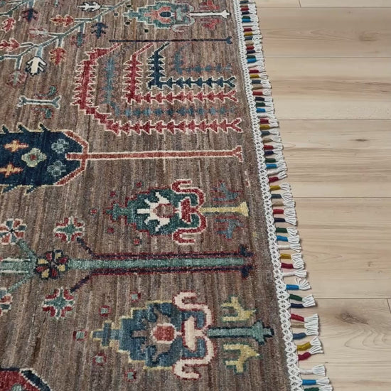 8x10 Taupe Tree of Life Turkish rug with borderless floral garden design, stylized trees, handmade wool from Indigo Rugs Burlingame Bay Area.