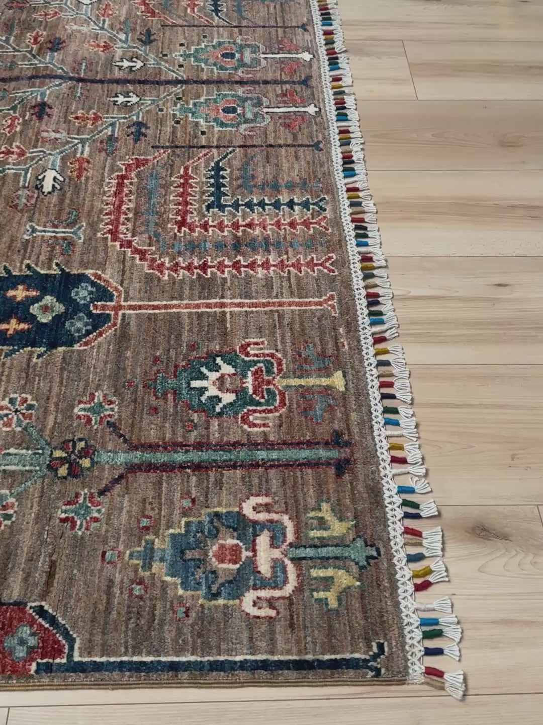 8x10 Taupe Tree of Life Turkish rug with borderless floral garden design, stylized trees, handmade wool from Indigo Rugs Burlingame Bay Area.