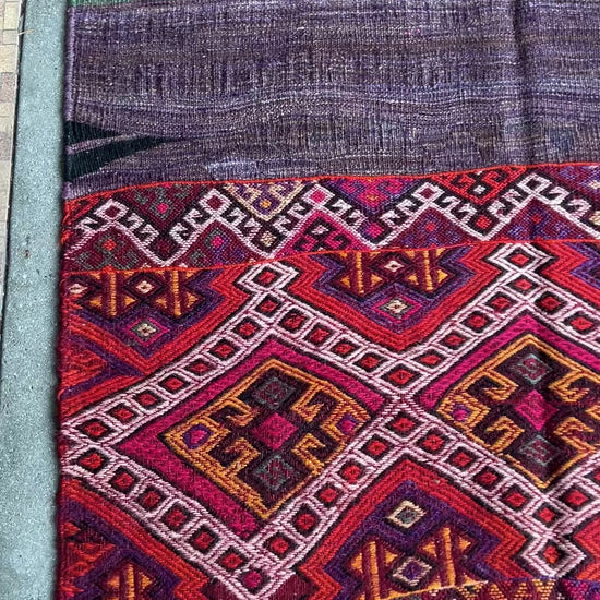 4x6 Small Kurdish Kilim Scatter accent rug from Turkey in Cicim embroidery technique, featuring bold geometric patterns in red, purple, pink and earthy tones. Offered by the best Kilim rug store in the San Francisco Bay Area, with free shipping to the US and Canada. A perfect gift idea for this season.