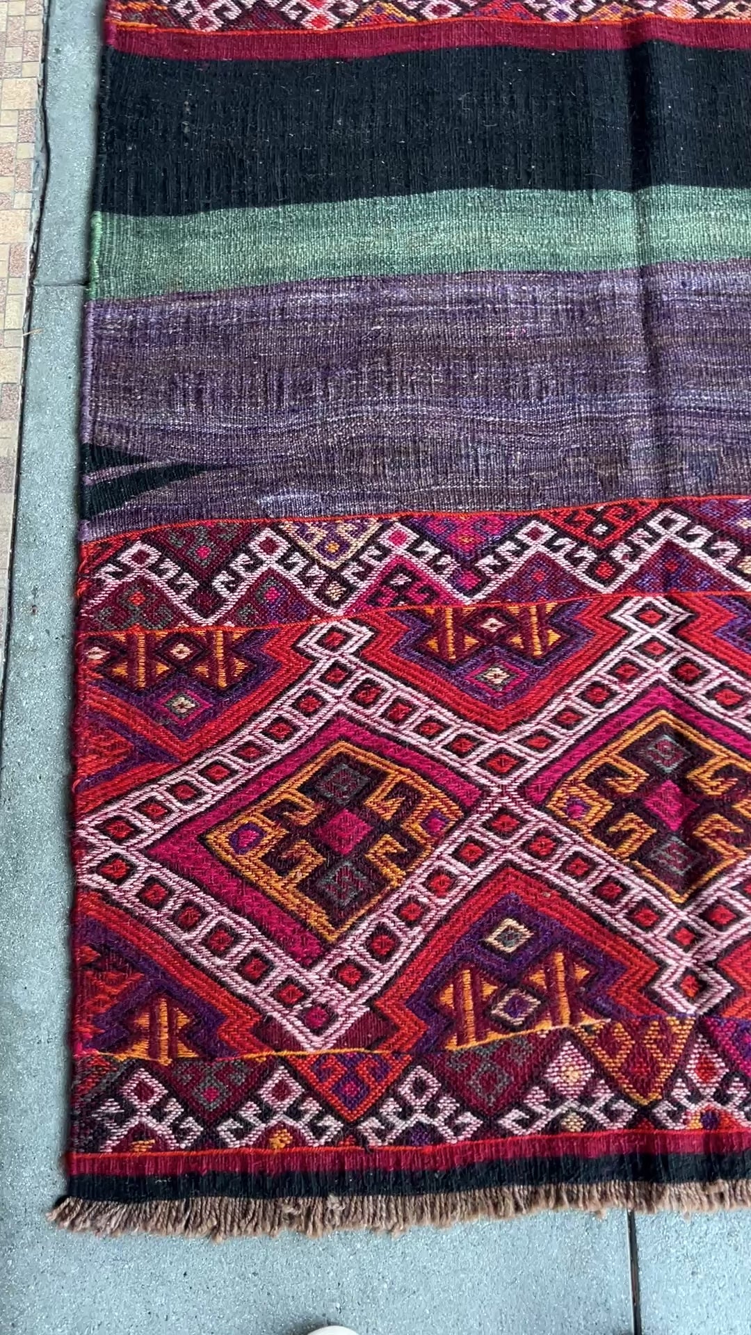 4x6 Small Kurdish Kilim Scatter accent rug from Turkey in Cicim embroidery technique, featuring bold geometric patterns in red, purple, pink and earthy tones. Offered by the best Kilim rug store in the San Francisco Bay Area, with free shipping to the US and Canada. A perfect gift idea for this season.