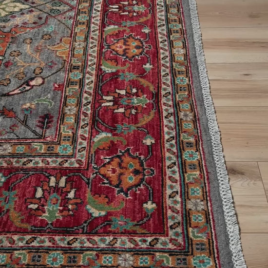 7x9 Gray Garrus Bijar design rug with allover floral pattern, crimson red border, handmade wool from Indigo Rugs Burlingame SF Bay Area.