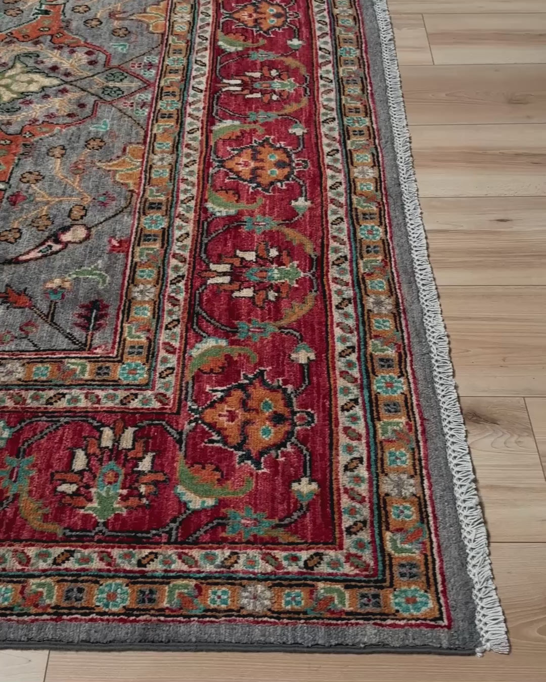 7x9 Gray Garrus Bijar design rug with allover floral pattern, crimson red border, handmade wool from Indigo Rugs Burlingame SF Bay Area.